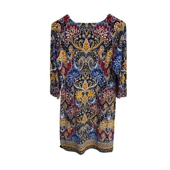 Talbots 3/4 Sleeve Jersey Paisley Shift Dress Multicolor Sz Medium Petite Boho - Picture 2 of 13